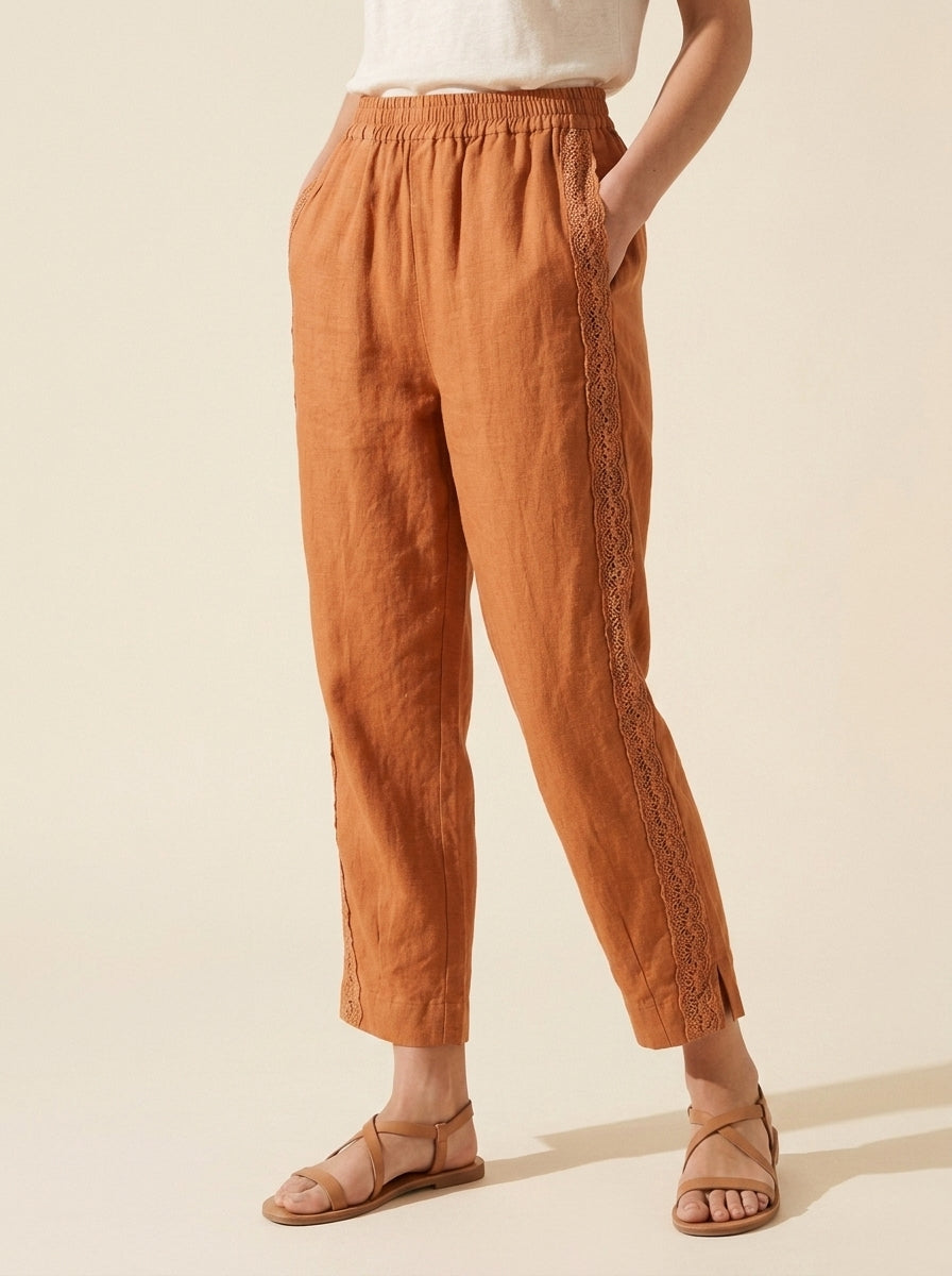 Elise Women's Cotton-Linen Pants – Retro Embroidery & Breezy Fit — Orange