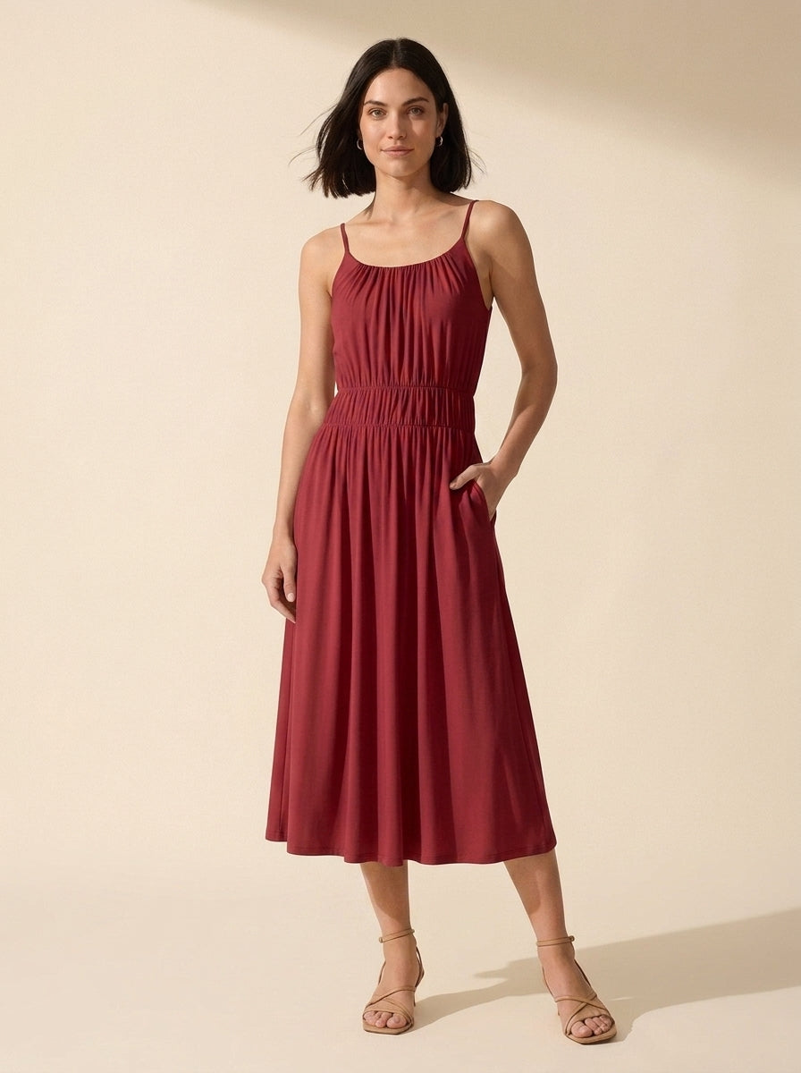 Vacay Gathered U-Neck Midi Bra Dress with Pockets — Orange Flame