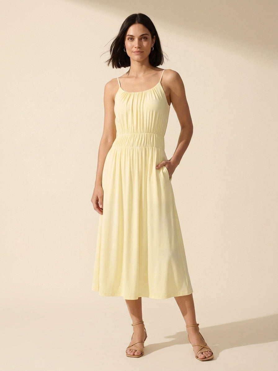 Vacay Gathered U-Neck Midi Bra Dress with Pockets — Pale Yellow
