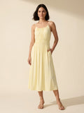 Vacay Gathered U-Neck Midi Bra Dress with Pockets — Pale Yellow