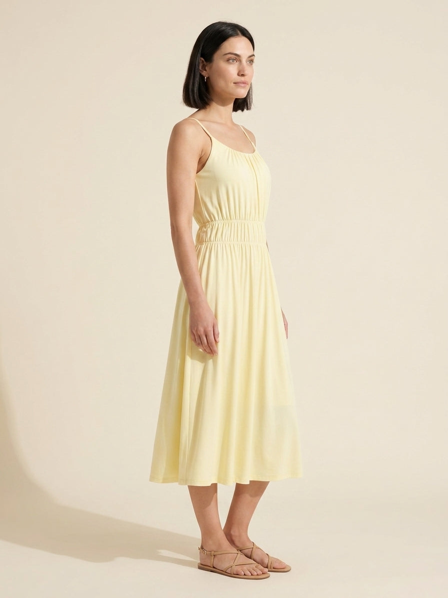 Vacay Gathered U-Neck Midi Bra Dress with Pockets — Pale Yellow