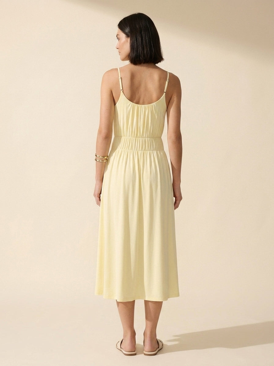 Vacay Gathered U-Neck Midi Bra Dress with Pockets — Pale Yellow