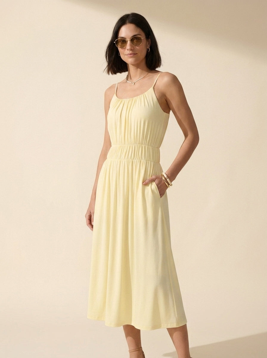Vacay Gathered U-Neck Midi Bra Dress with Pockets — Pale Yellow