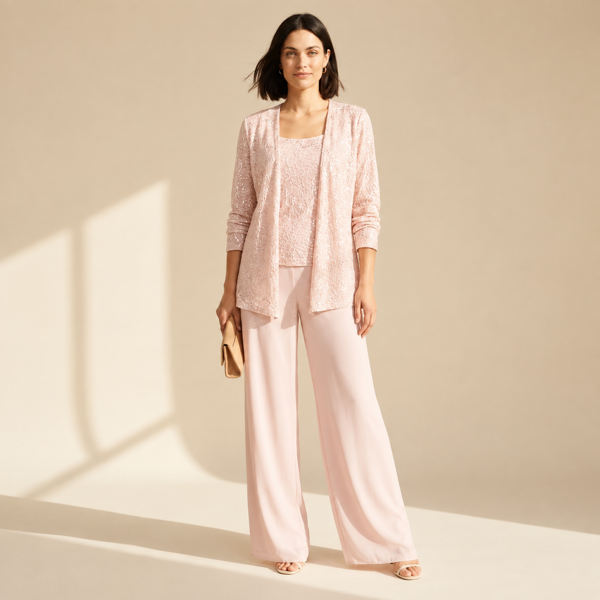 Women's Elegant 3-Piece Evening Set - Wide Leg Pants & Jacket — Pink