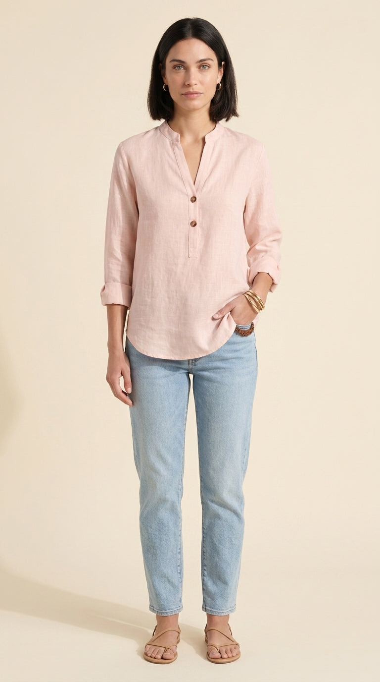 Women's Breathable Linen Blend Blouse | Relaxed V-Neck Top — Pink