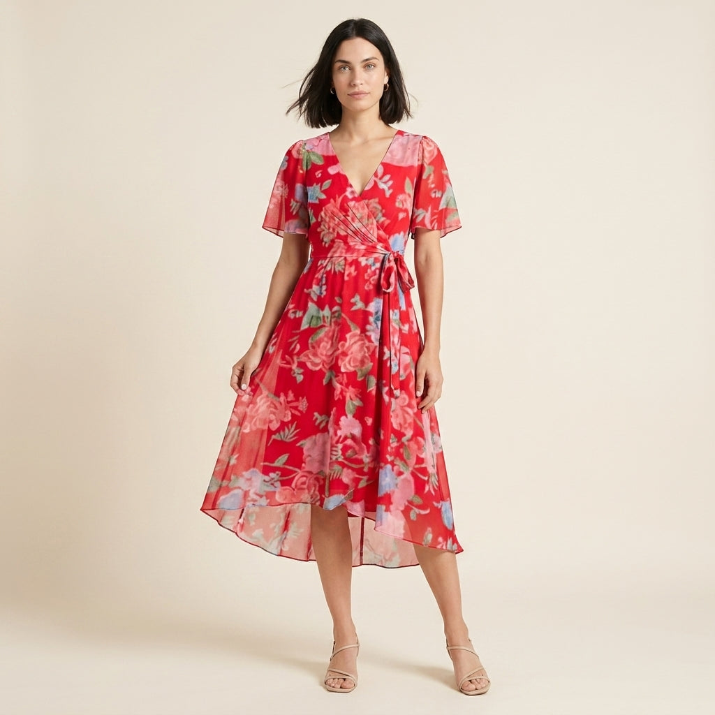 Floral Wrap V-Neck Midi Dress for Women | Summer Style — Pink