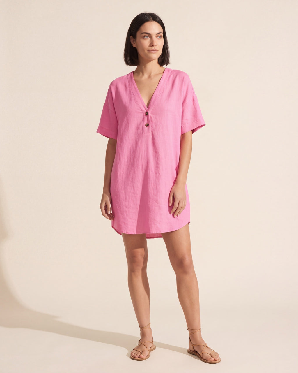 Effortless V-Neck Linen Shirt Dress - Summer Casual & Beach — Pink