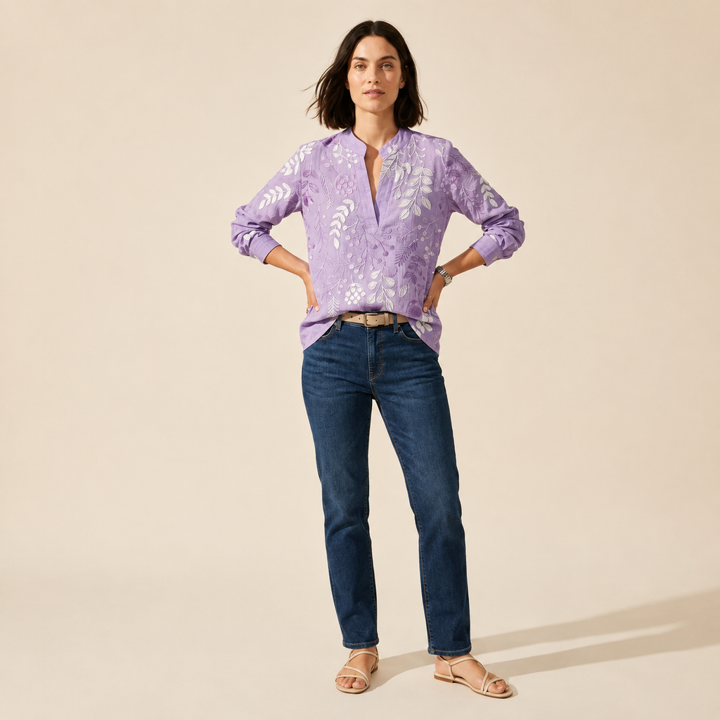 Women's Pastel Floral V-Neck Blouse - Soft-Touch & Lightweight — Purple