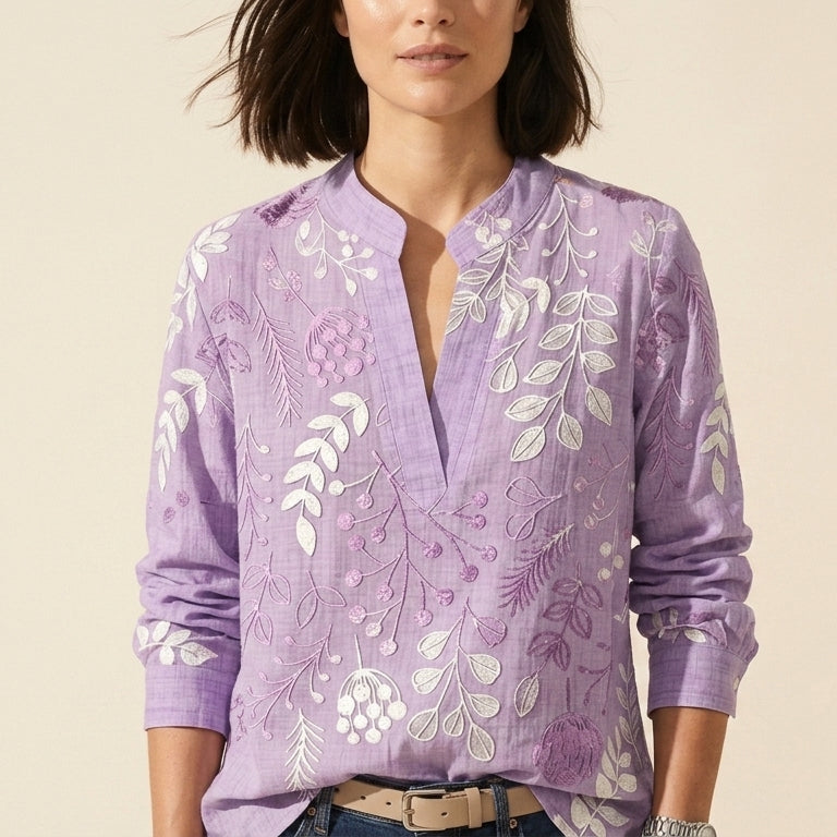 Women's Pastel Floral V-Neck Blouse - Soft-Touch & Lightweight — Purple