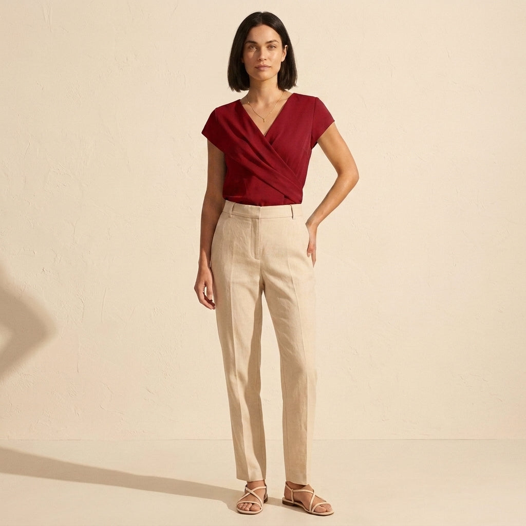 Viviana Wrap Front V-Neck Blouse | Women's Short Sleeve Top — Red