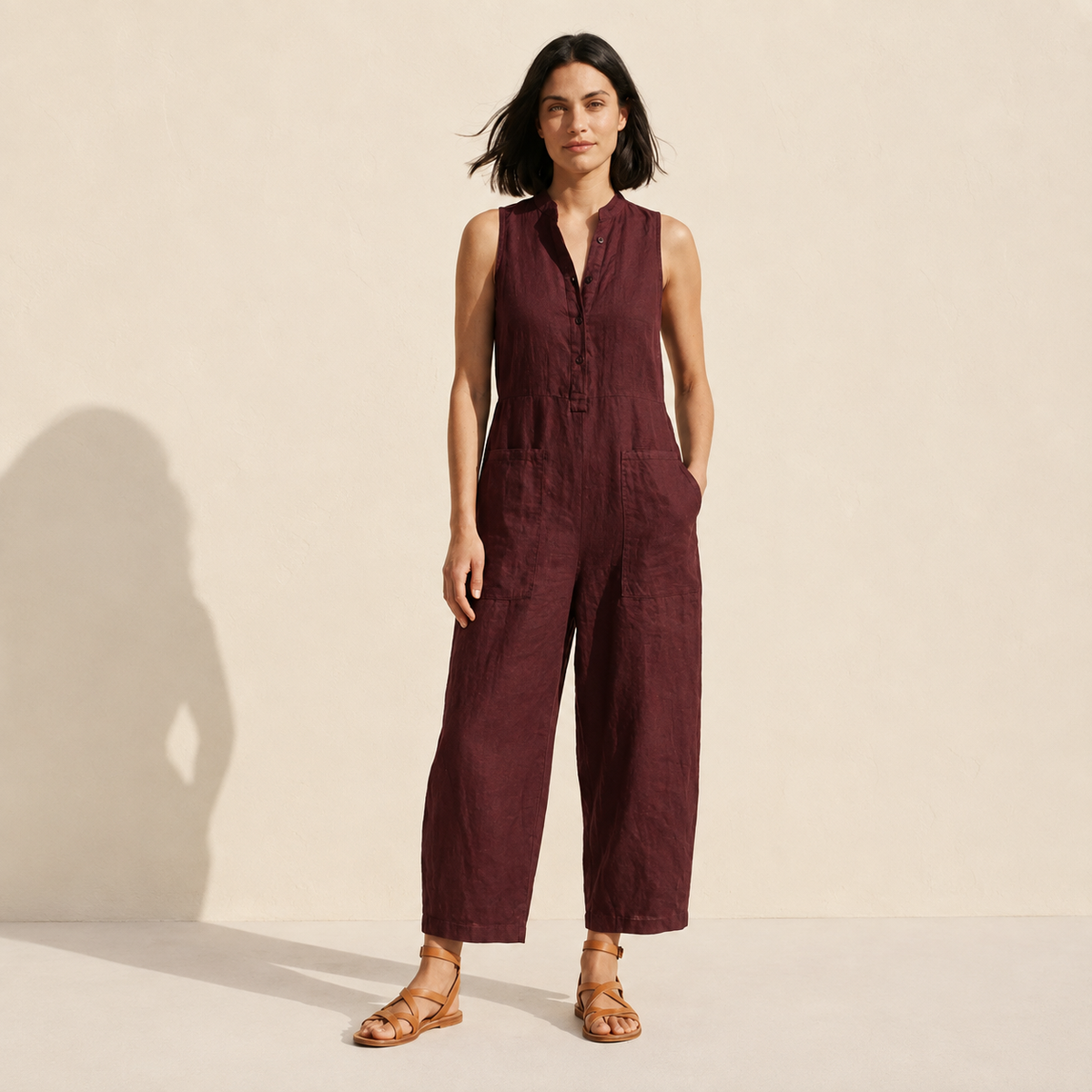 Linen Blend Sleeveless Jumpsuit | Button-Up Stand Collar — Reddish Brown