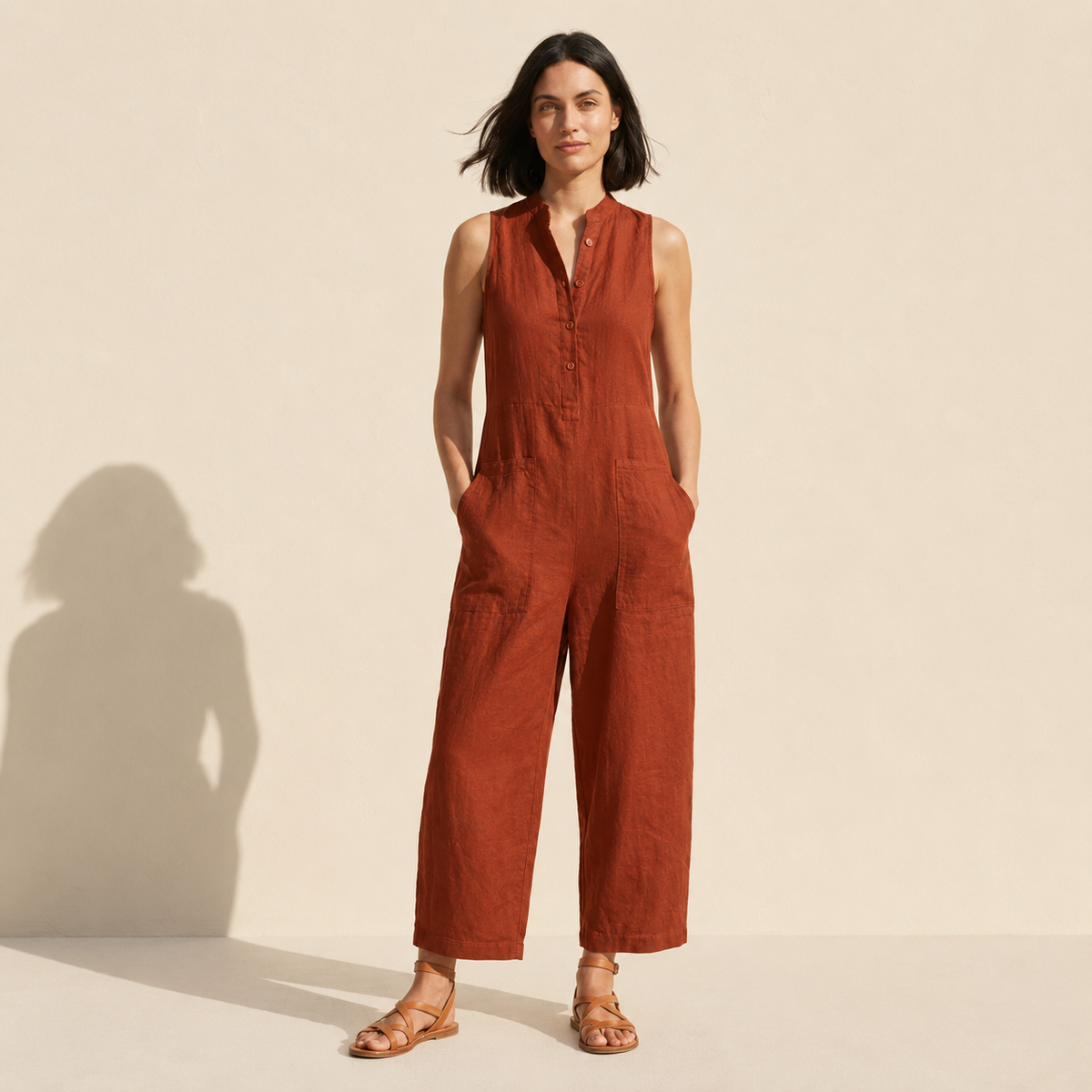 Linen Blend Sleeveless Jumpsuit | Button-Up Stand Collar — Rust Red