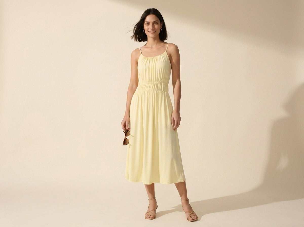 Vacay Gathered U-Neck Midi Bra Dress with Pockets — Sea Corn
