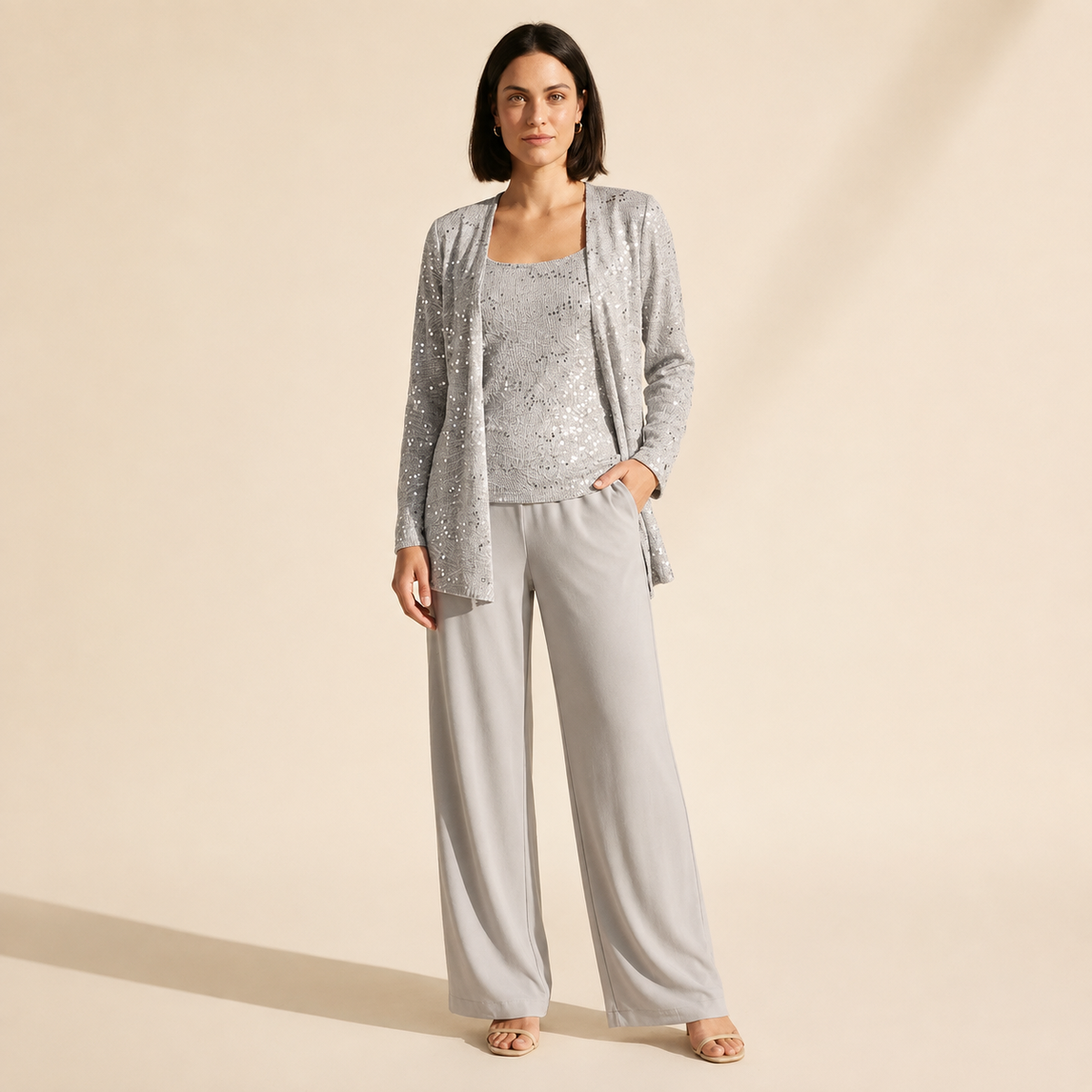 Women's Elegant 3-Piece Evening Set - Wide Leg Pants & Jacket — Silver