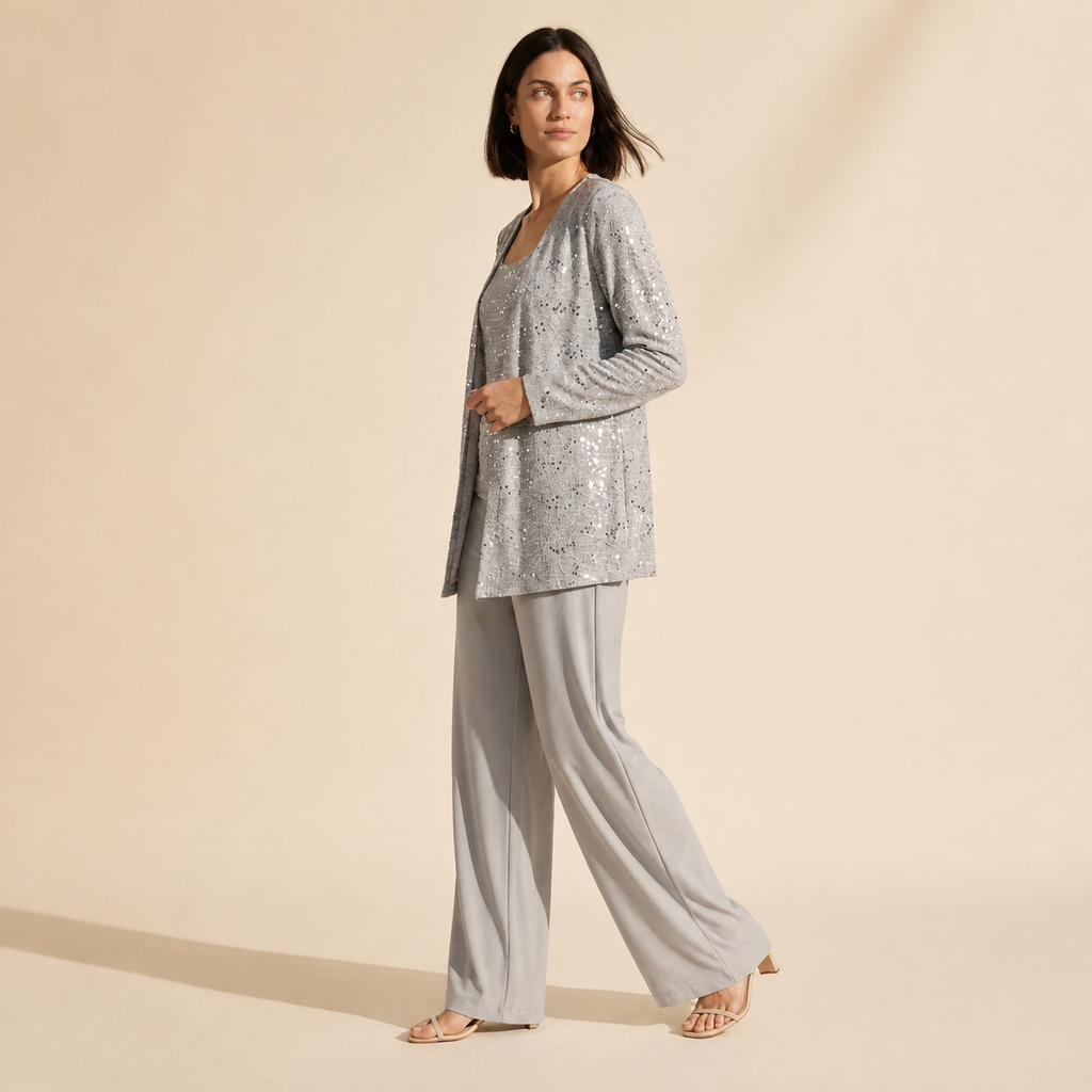 Women's Elegant 3-Piece Evening Set - Wide Leg Pants & Jacket — Silver