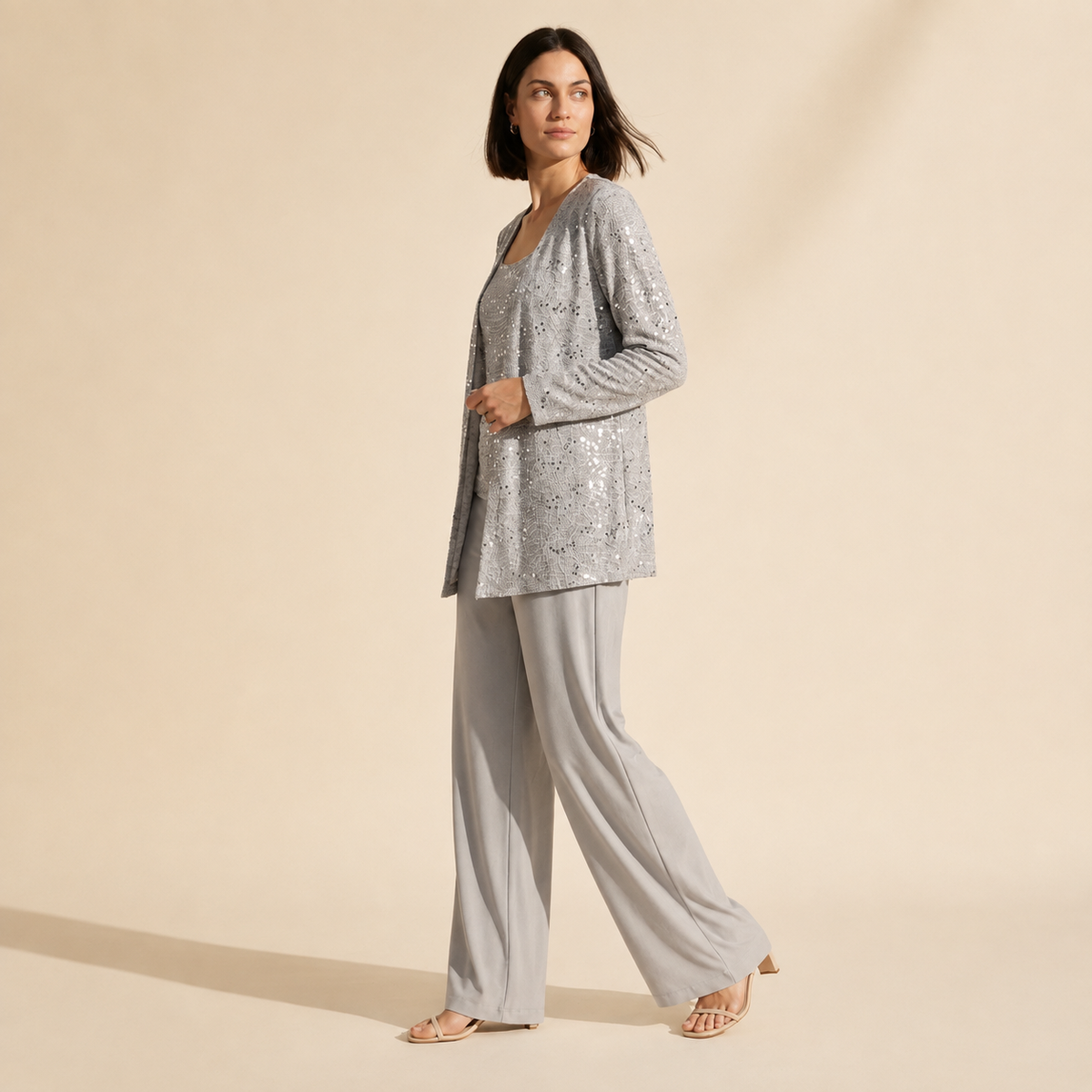 Women's Elegant 3-Piece Evening Set - Wide Leg Pants & Jacket — Silver
