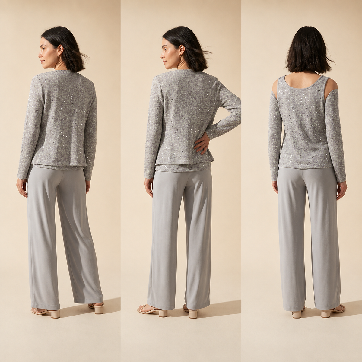 Women's Elegant 3-Piece Evening Set - Wide Leg Pants & Jacket — Silver