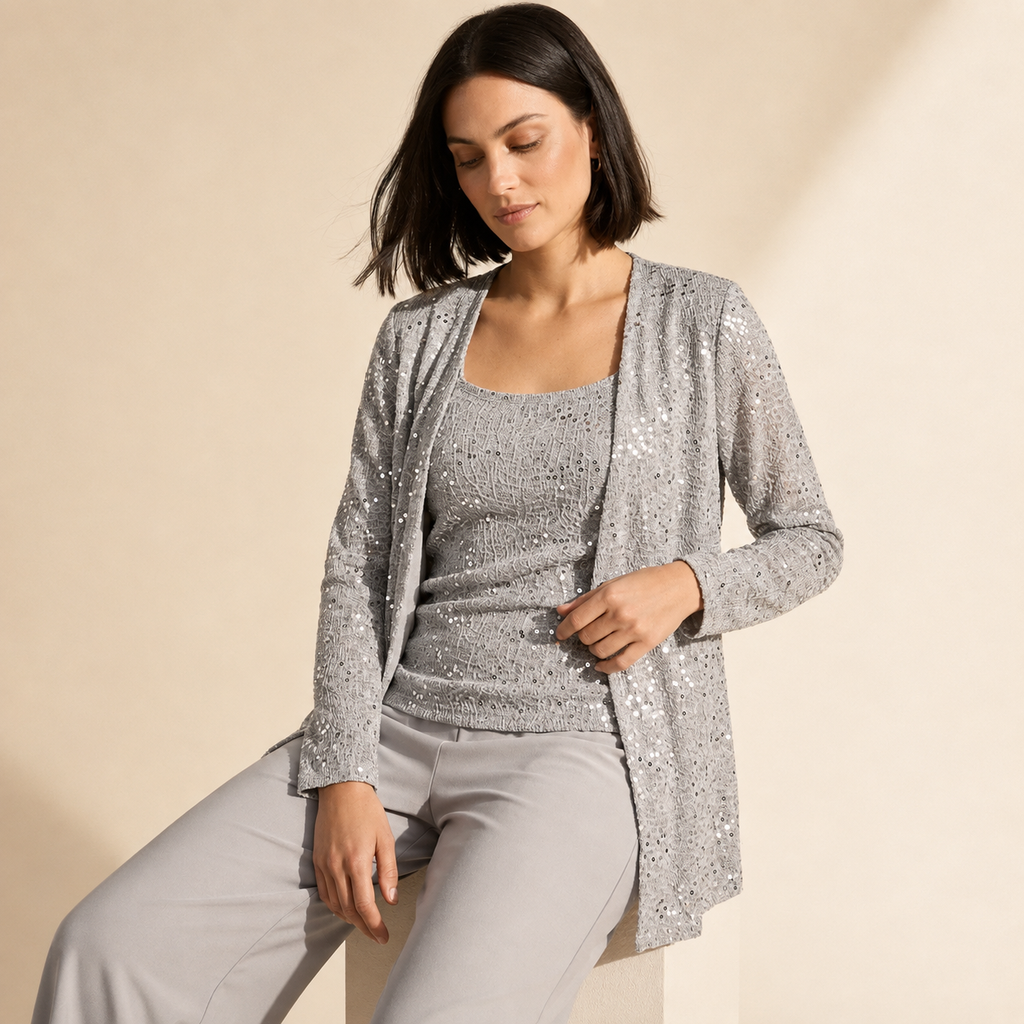 Women's Elegant 3-Piece Evening Set - Wide Leg Pants & Jacket — Silver