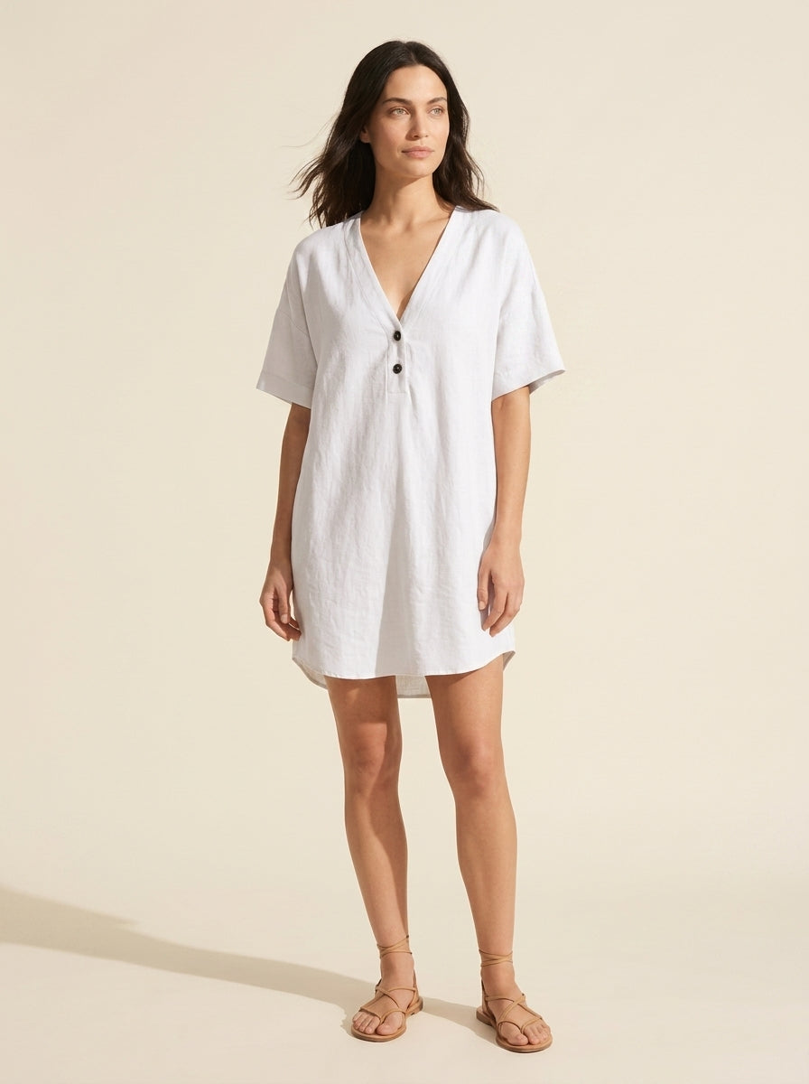 Effortless V-Neck Linen Shirt Dress - Summer Casual & Beach — White