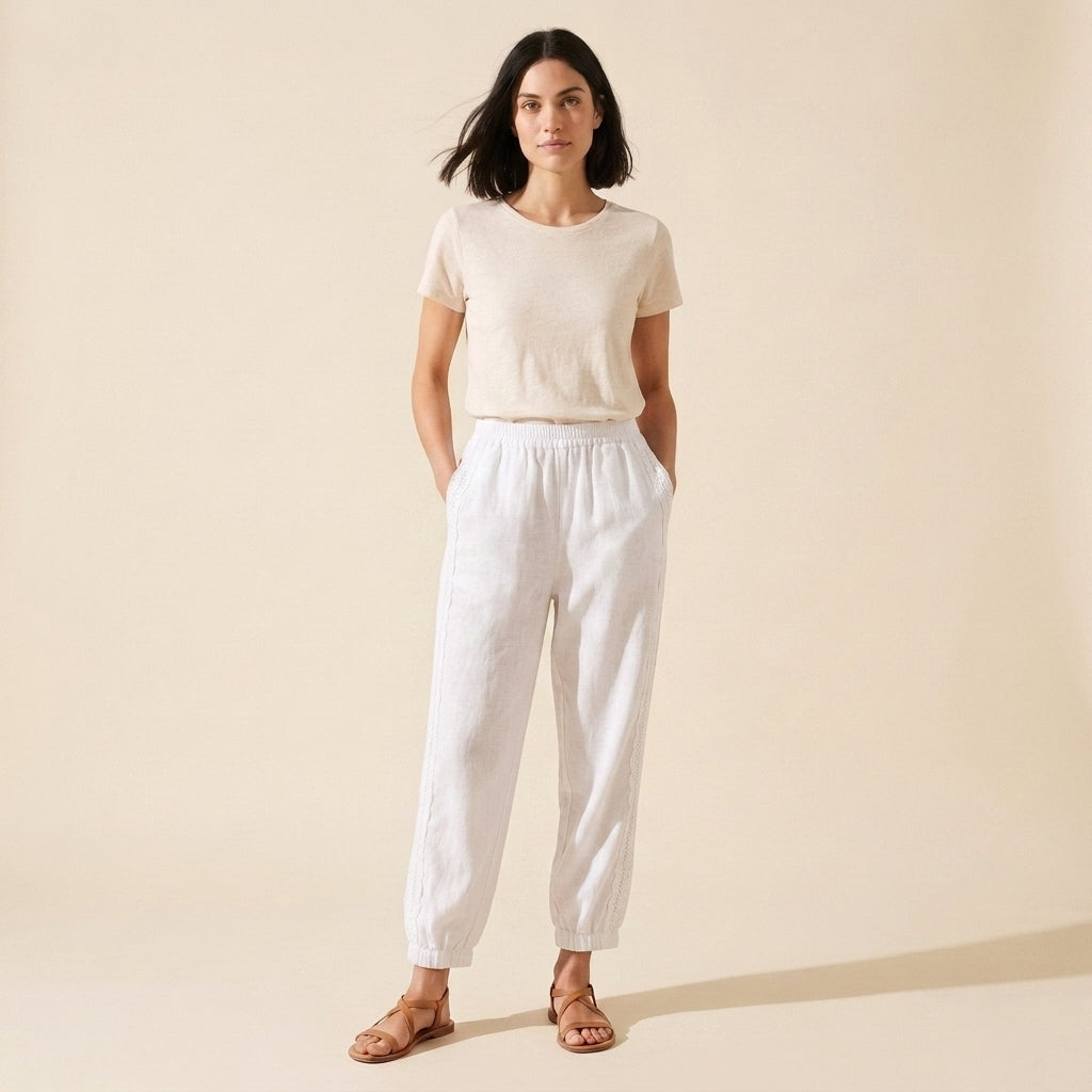 Elise Women's Cotton-Linen Pants – Retro Embroidery & Breezy Fit — White