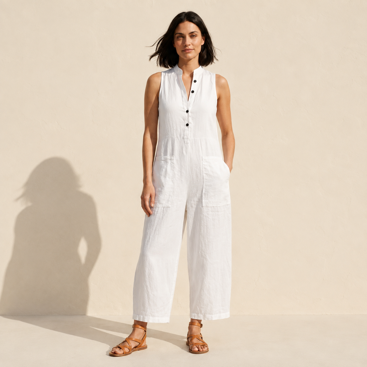 Linen Blend Sleeveless Jumpsuit | Button-Up Stand Collar — White