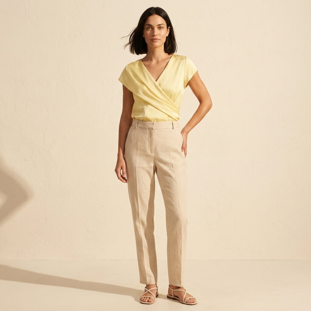 Viviana Wrap Front V-Neck Blouse | Women's Short Sleeve Top — Yellow