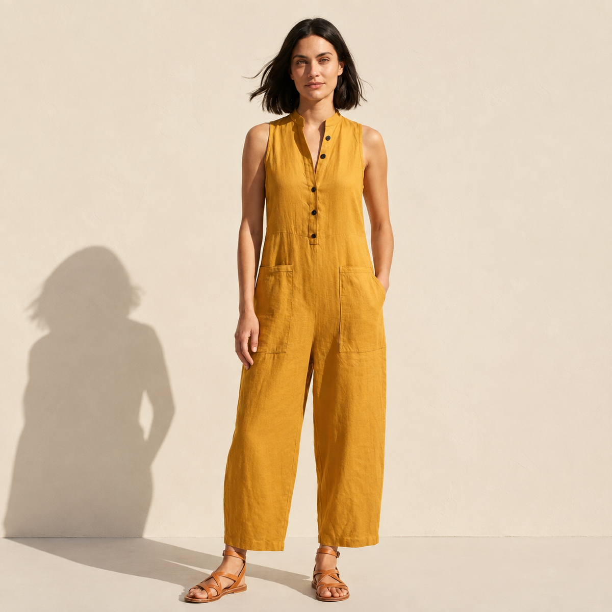 Linen Blend Sleeveless Jumpsuit | Button-Up Stand Collar — Yellow