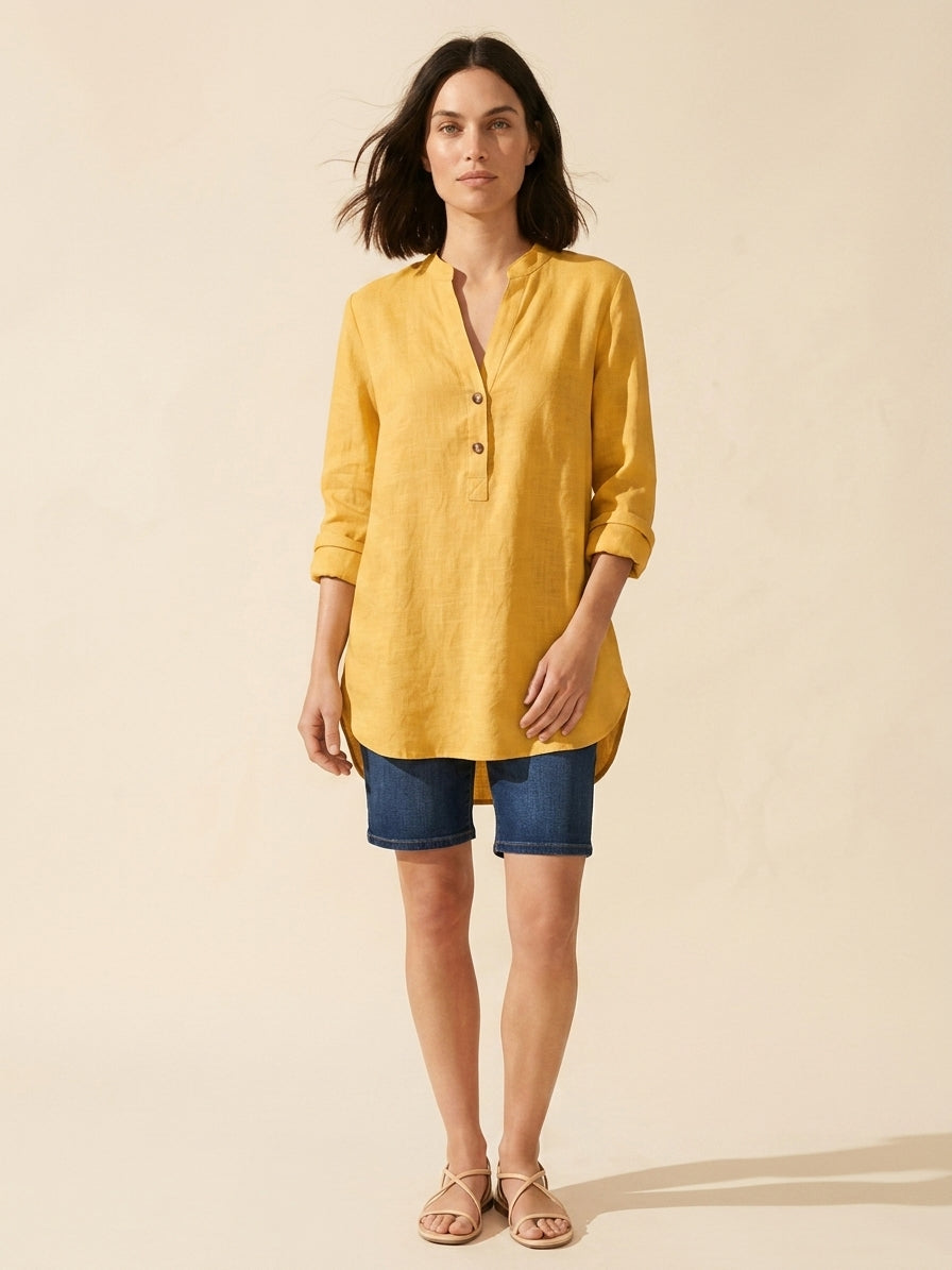 Women's Breathable Linen Blend Blouse | Relaxed V-Neck Top — Yellow