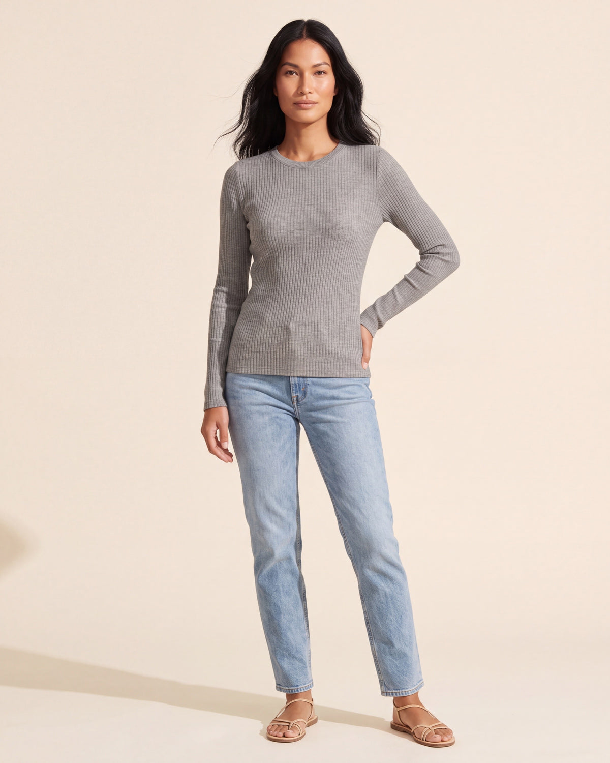 Soft Brushed Ribbed Crew Neck Top - Heather Grey Essential — Southeast Asian