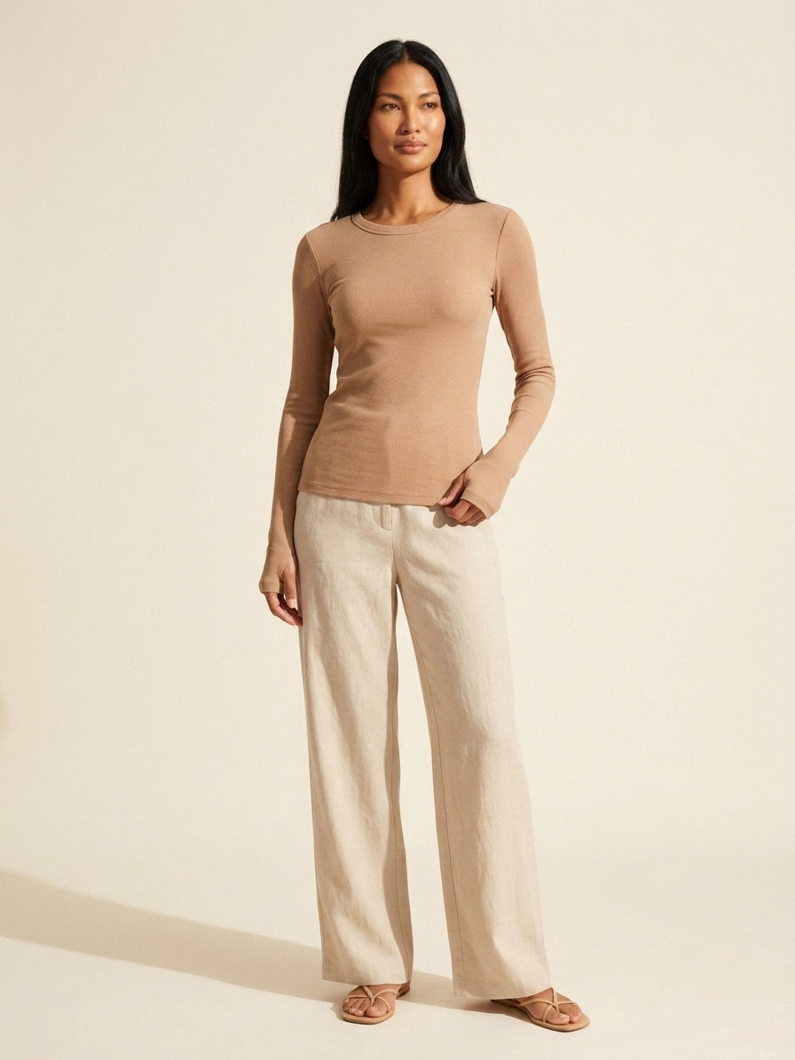 Everyday Truffle Cotton Blend Ribbed Long Sleeve Top — Southeast Asian