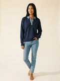 Women's Navy Denim Trim Polo Sweater | Chic Fall Knit — Southeast Asian