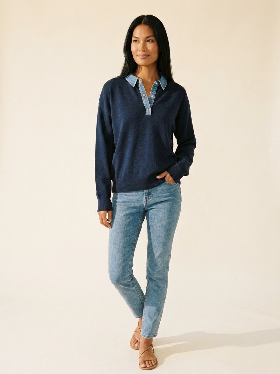 Women's Navy Denim Trim Polo Sweater | Chic Fall Knit — Southeast Asian