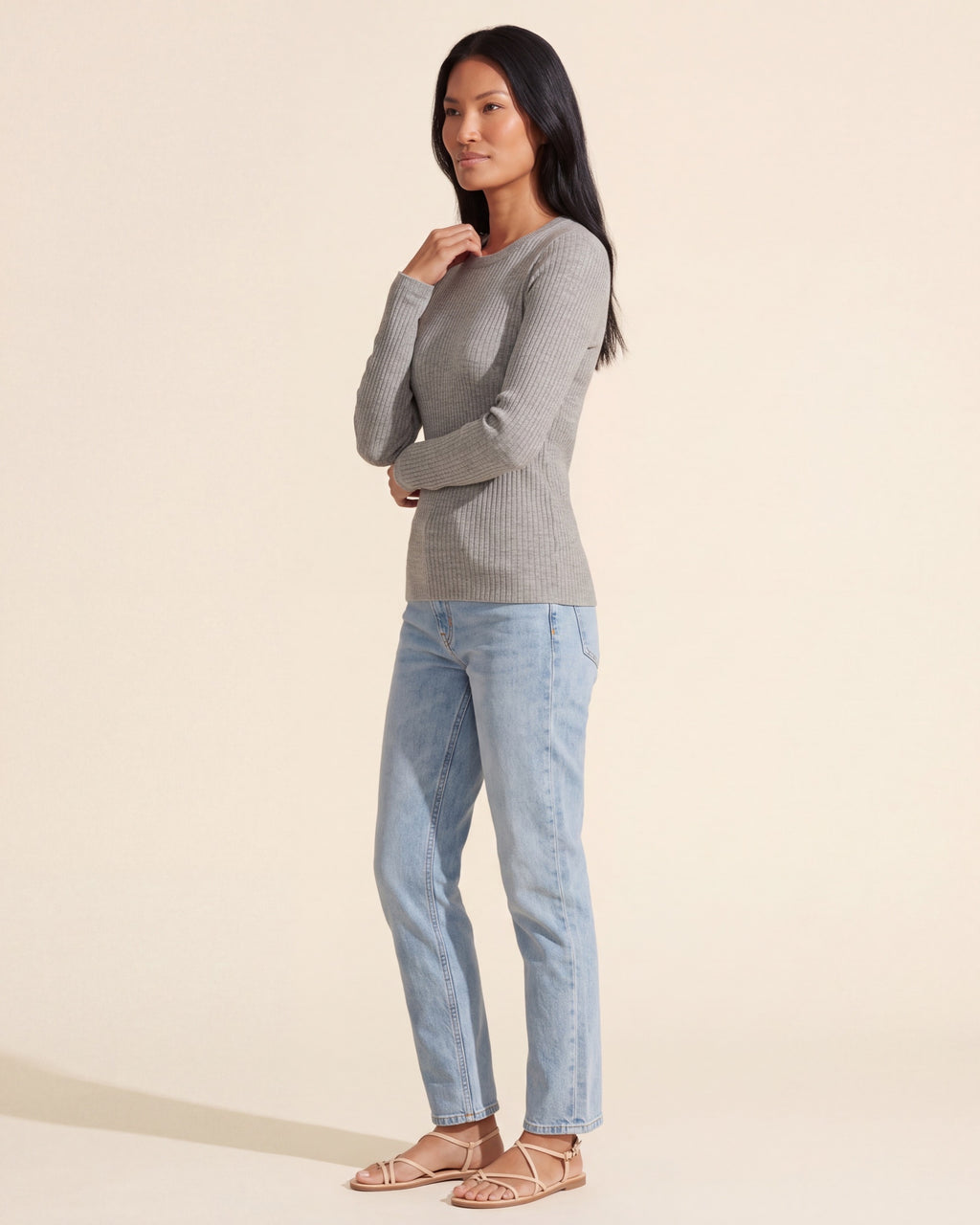 Soft Brushed Ribbed Crew Neck Top - Heather Grey Essential — Southeast Asian