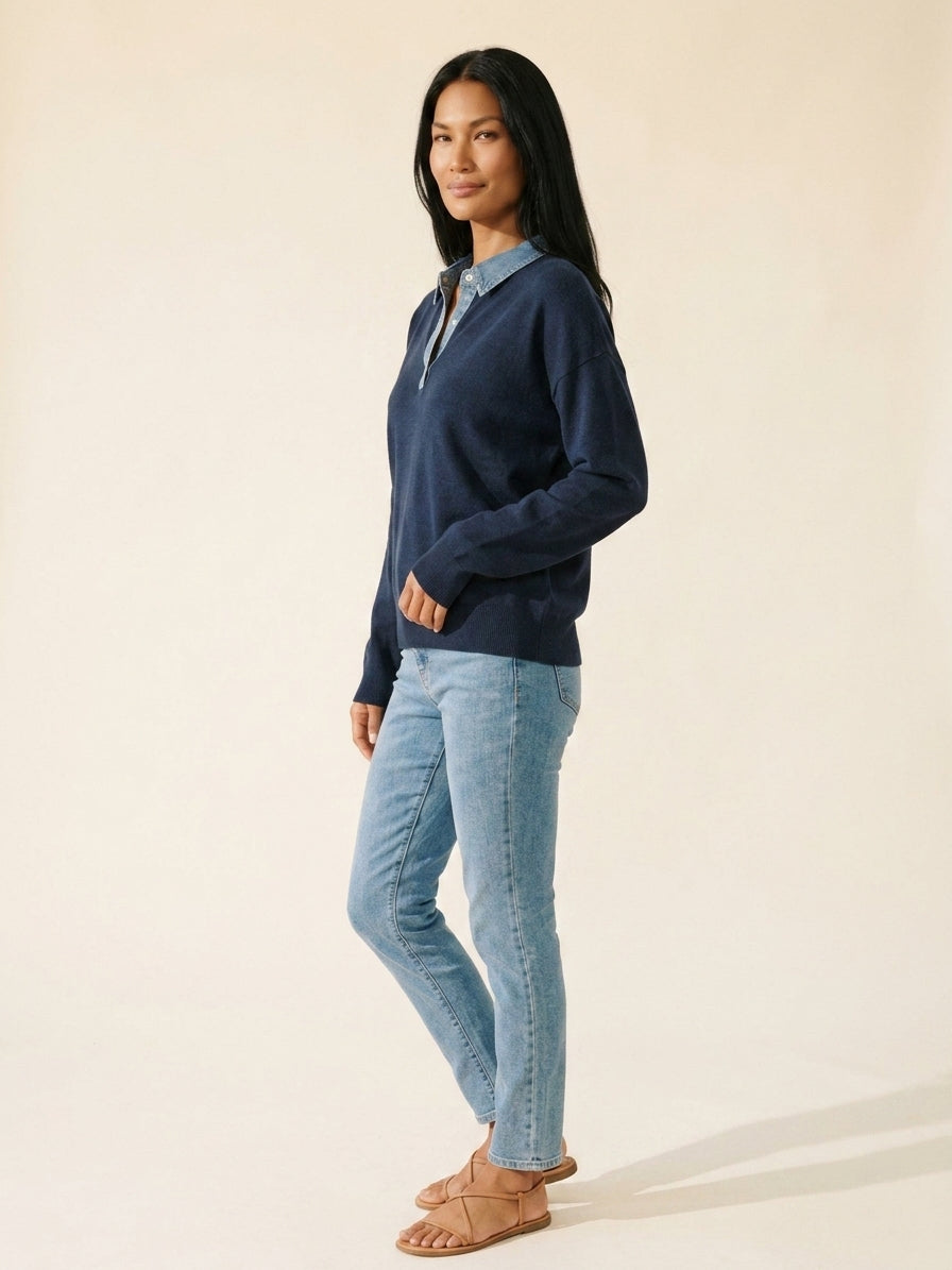 Women's Navy Denim Trim Polo Sweater | Chic Fall Knit — Southeast Asian