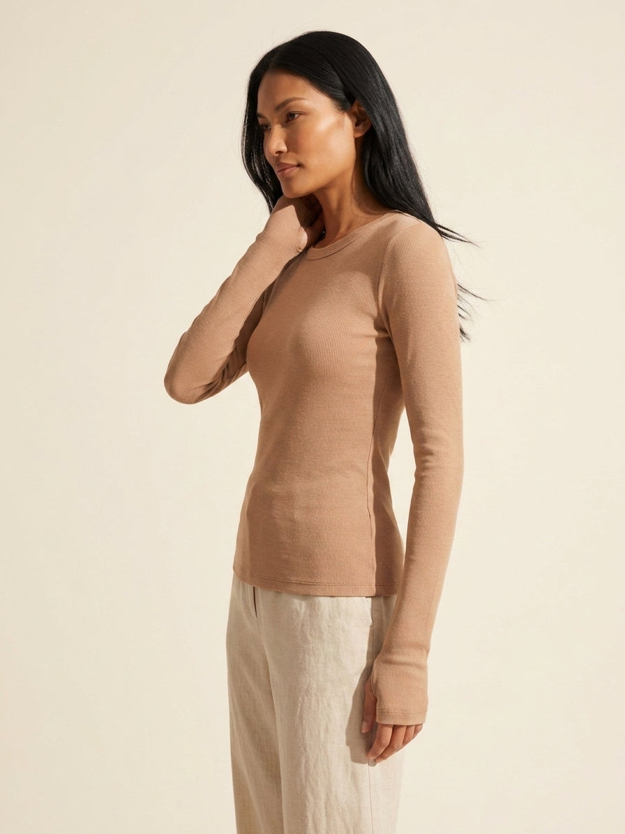Everyday Truffle Cotton Blend Ribbed Long Sleeve Top — Southeast Asian