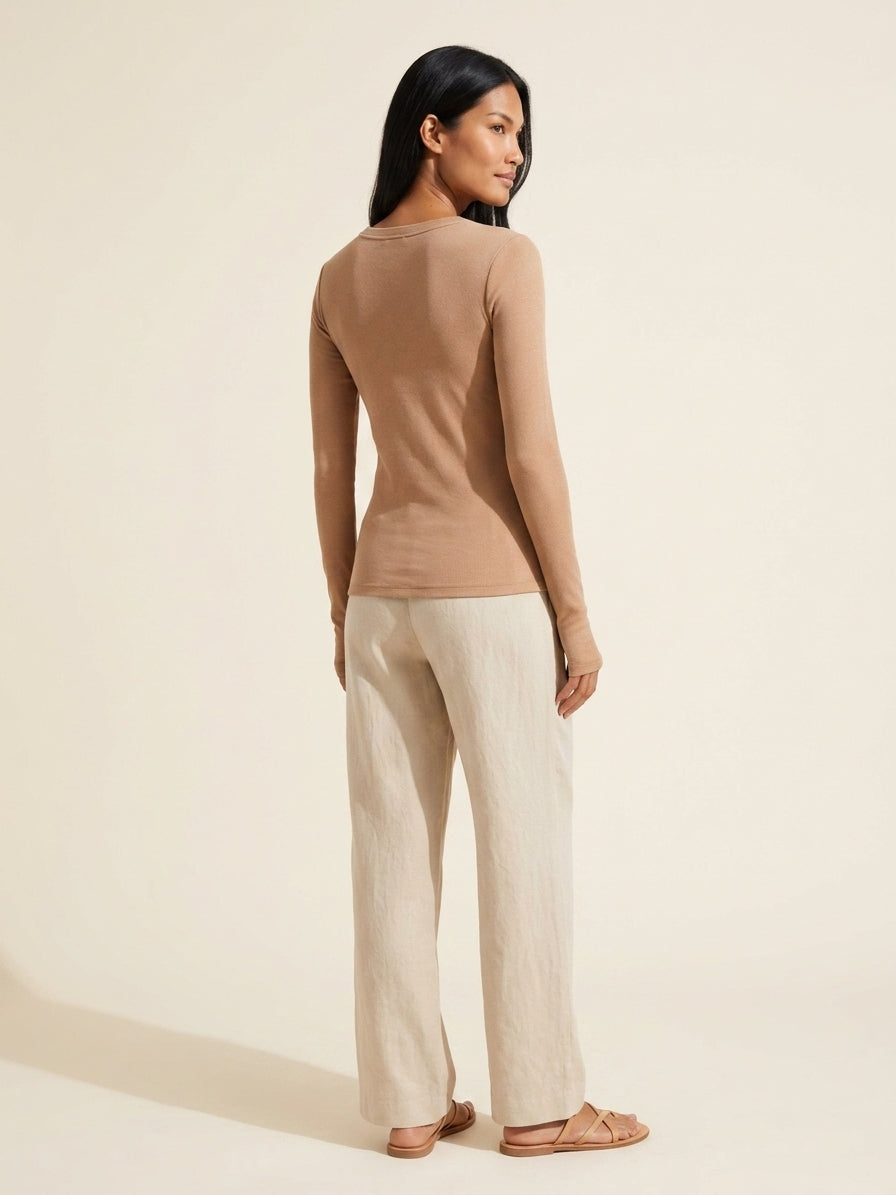 Everyday Truffle Cotton Blend Ribbed Long Sleeve Top — Southeast Asian