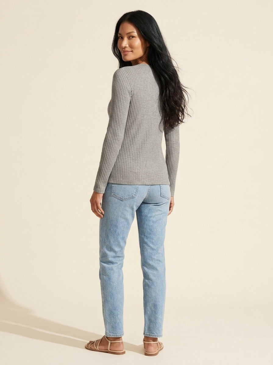 Soft Brushed Ribbed Crew Neck Top - Heather Grey Essential — Southeast Asian