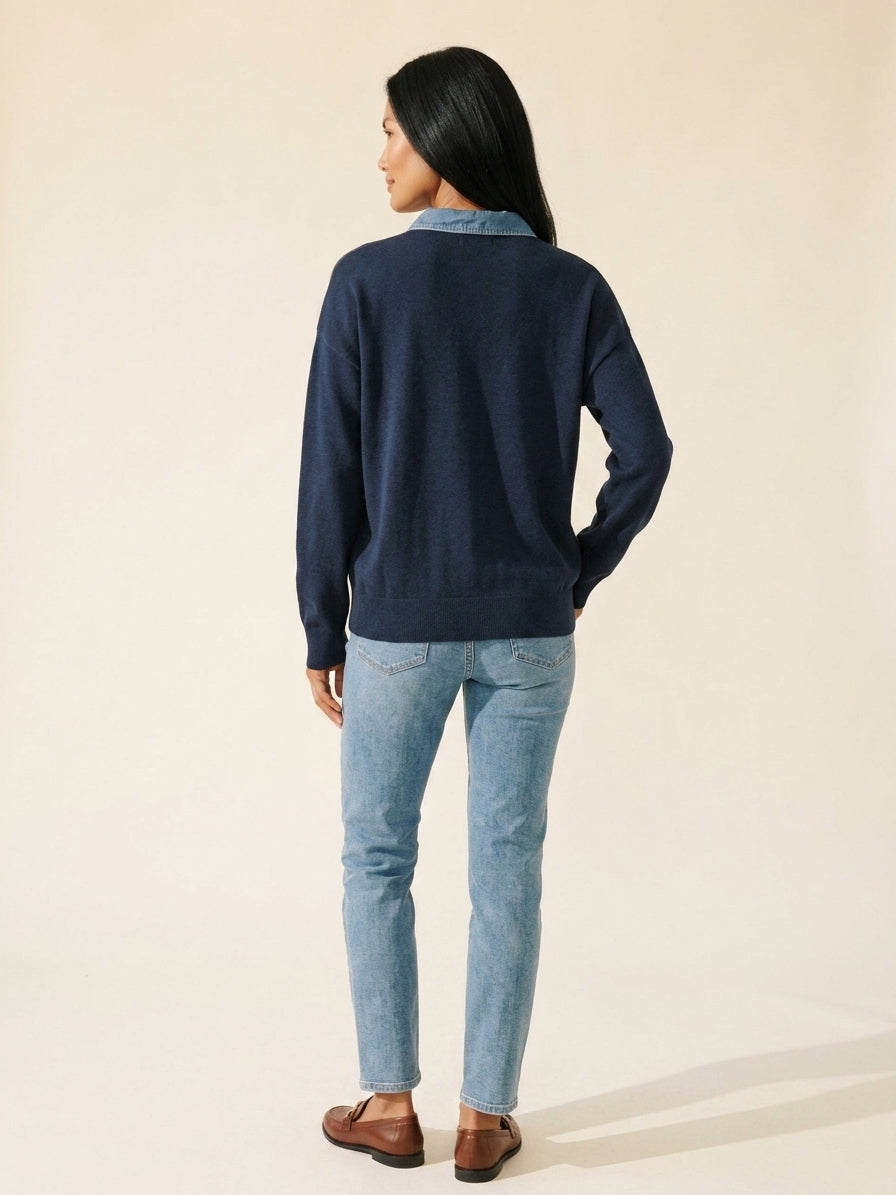 Women's Navy Denim Trim Polo Sweater | Chic Fall Knit — Southeast Asian