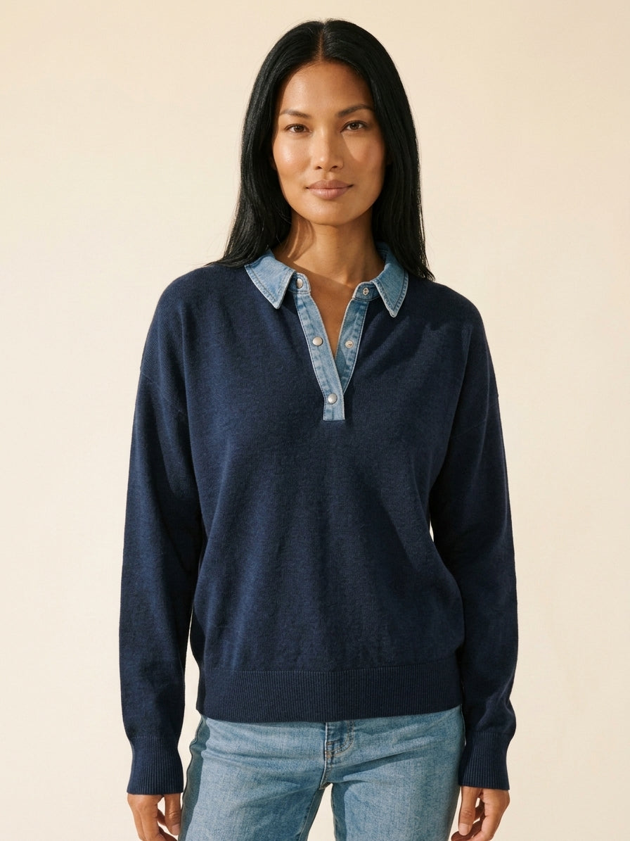 Women's Navy Denim Trim Polo Sweater | Chic Fall Knit — Southeast Asian