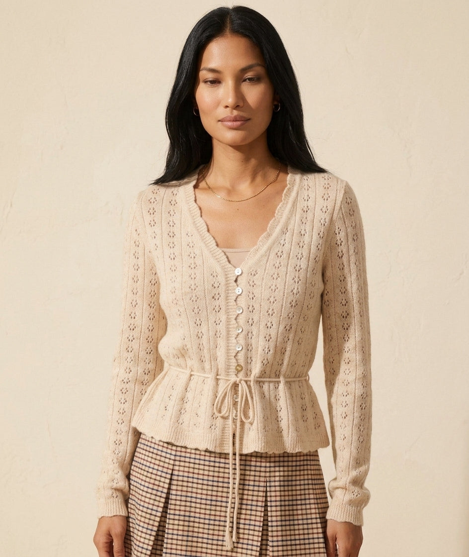 Women's Pointelle Knit Cardigan - Soft Long Sleeve Sweater — Southeast Asian