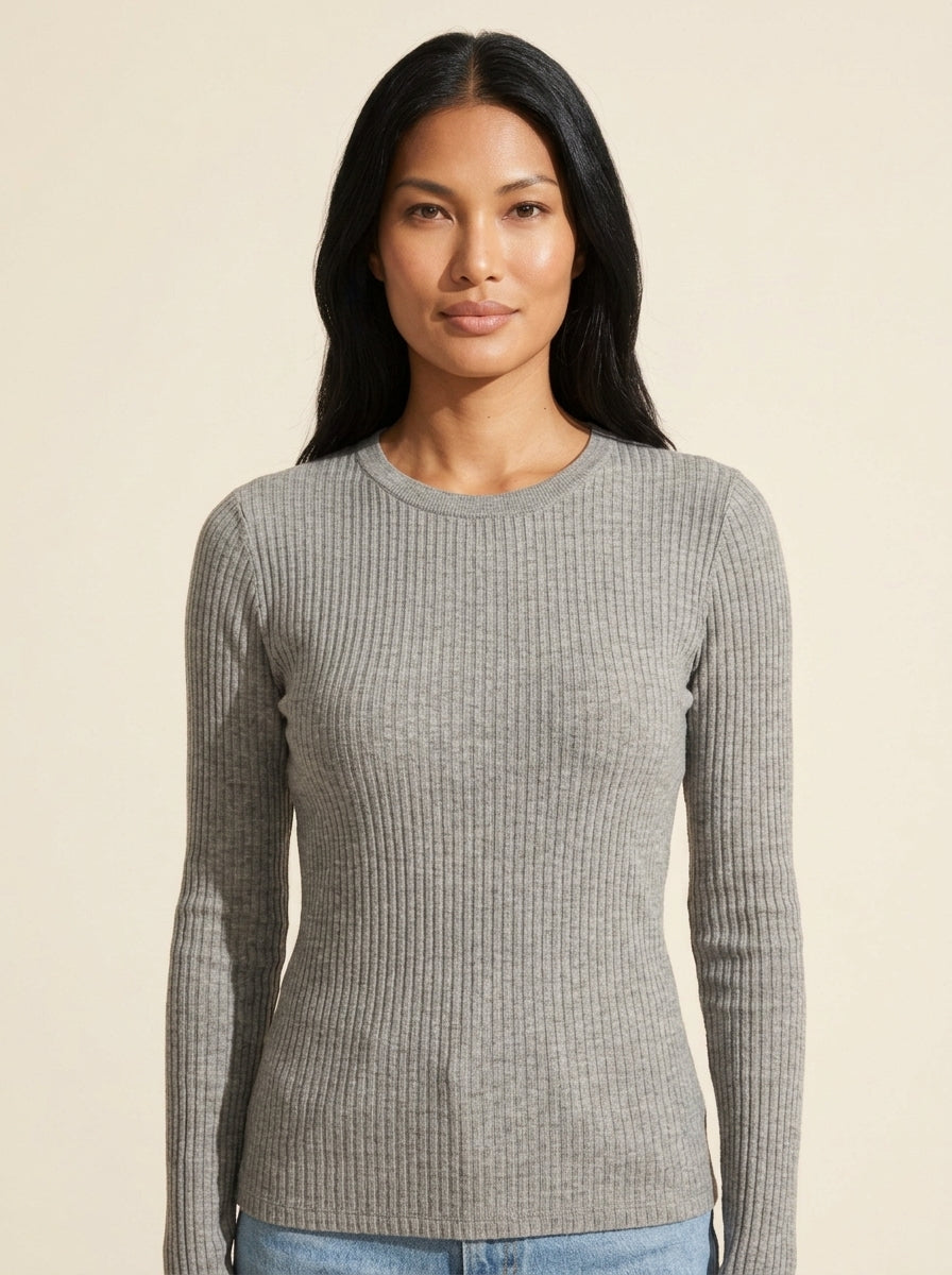 Soft Brushed Ribbed Crew Neck Top - Heather Grey Essential — Southeast Asian