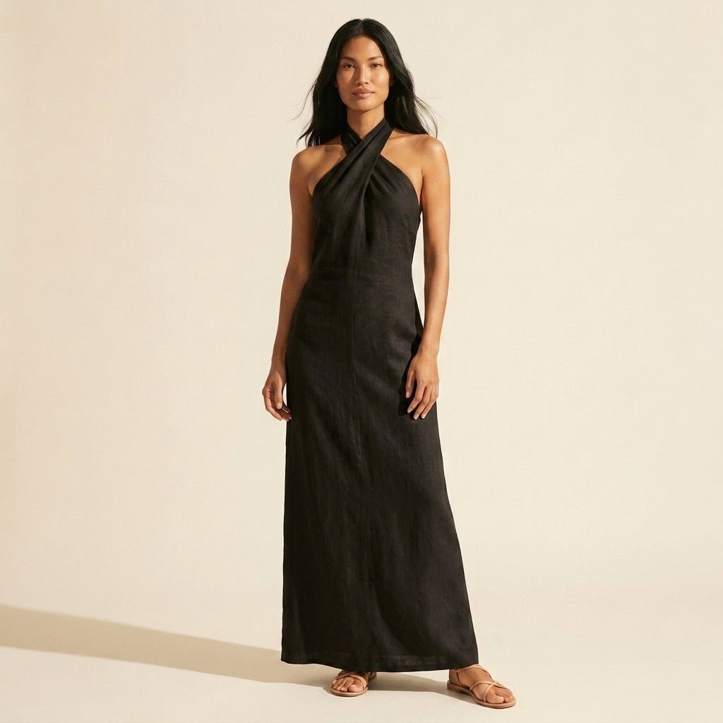 Bohemian Halter Maxi Dress - Flowy Linen Blend Summer Style — Black