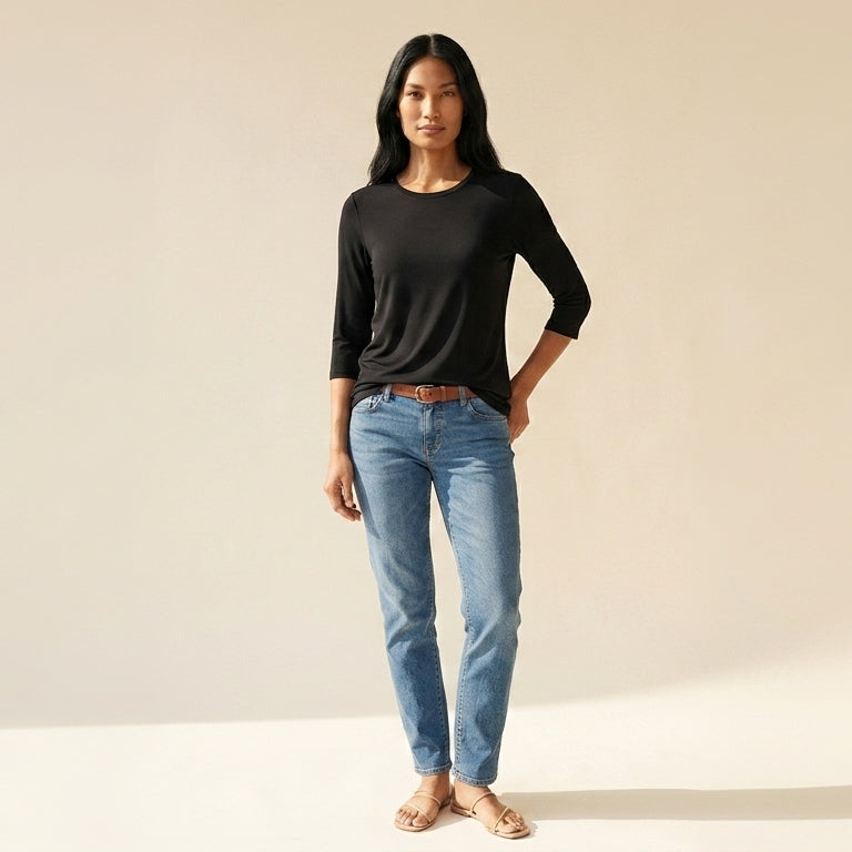 Women's Relaxed Fit Long Sleeve Top | Everyday Round Neck Comfort — Black