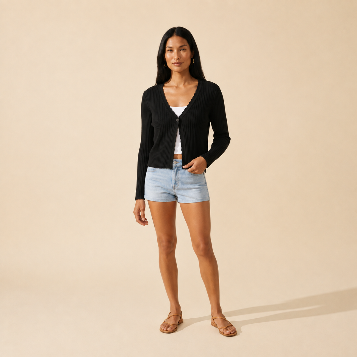 Lightweight Ribbed Knit Button-Up Cardigan for Women — Black