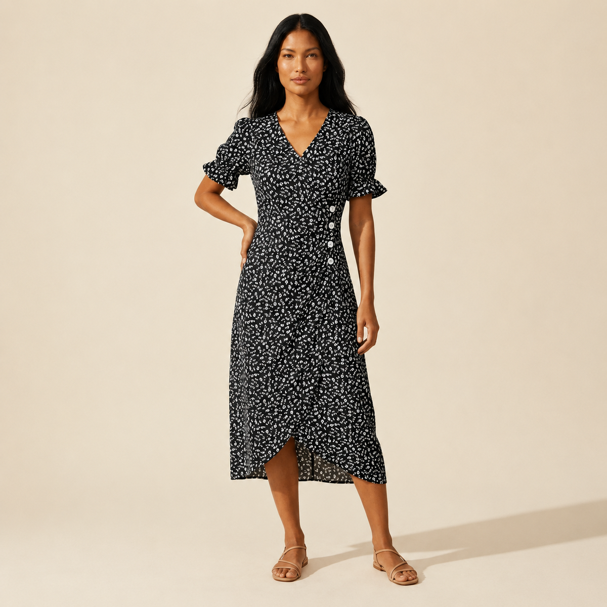 Women's Floral Midi Dress | Elegant V-Neck Summer Style — Black