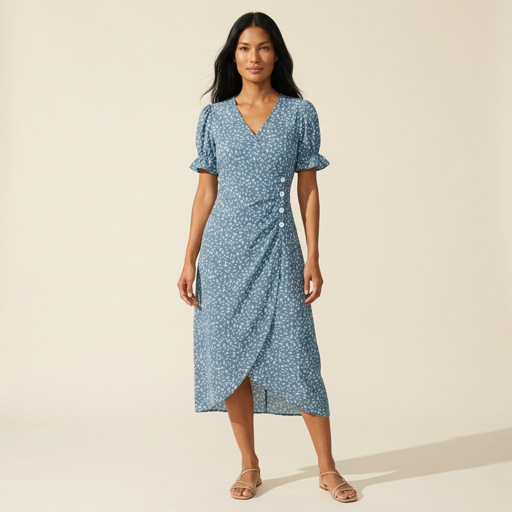 Women's Floral Midi Dress | Elegant V-Neck Summer Style — Blue