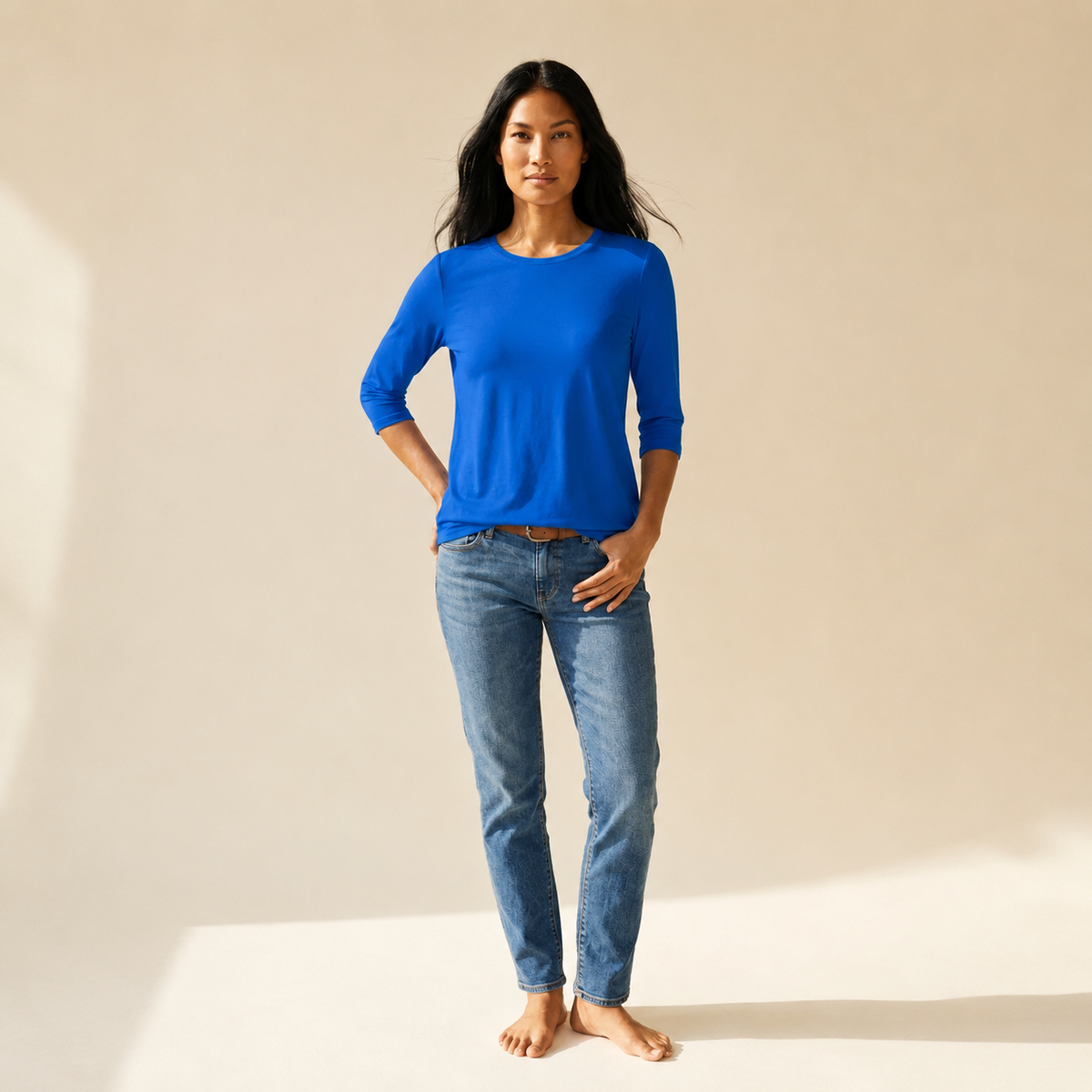 Women's Relaxed Fit Long Sleeve Top | Everyday Round Neck Comfort — Blue