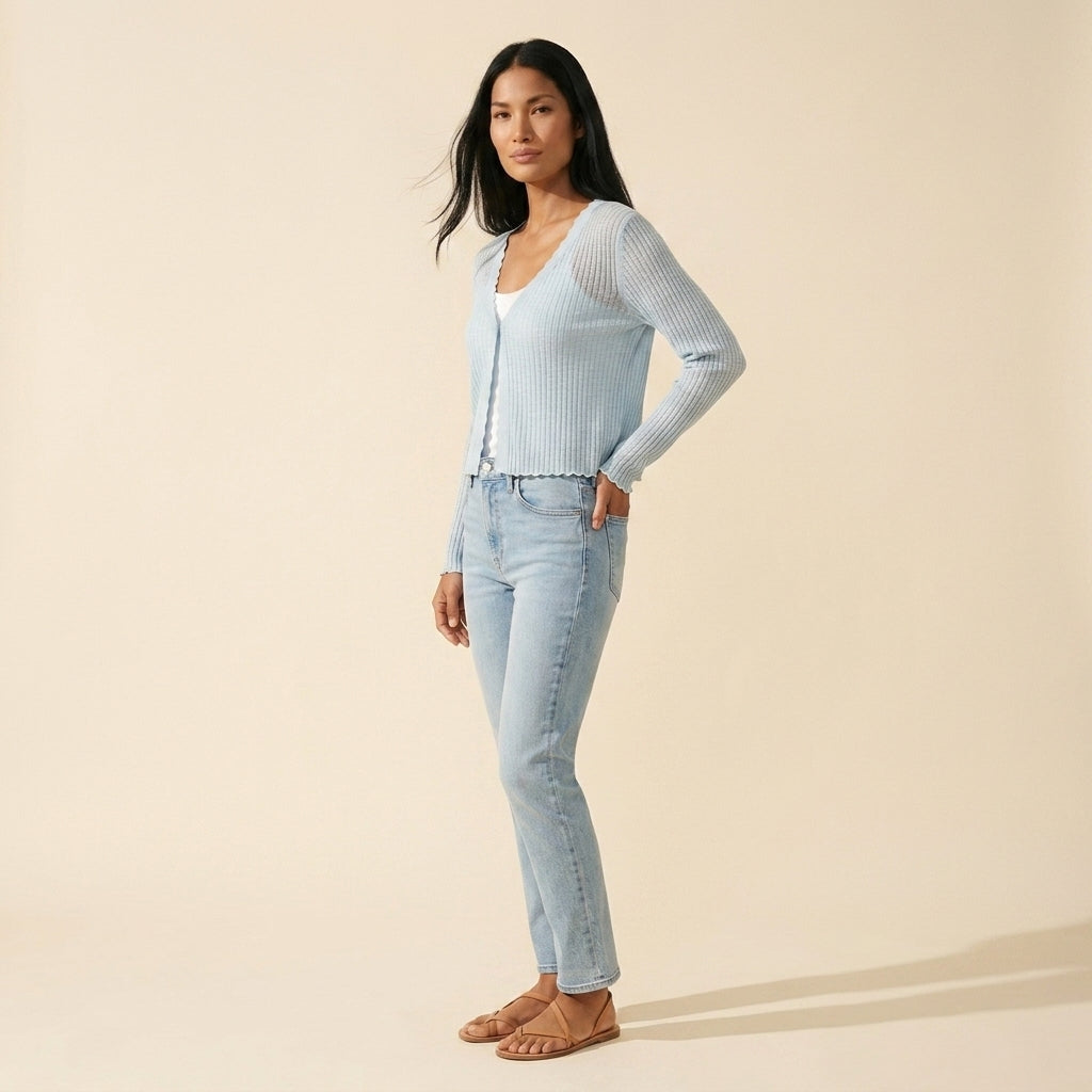 Lightweight Ribbed Knit Button-Up Cardigan for Women — Blue