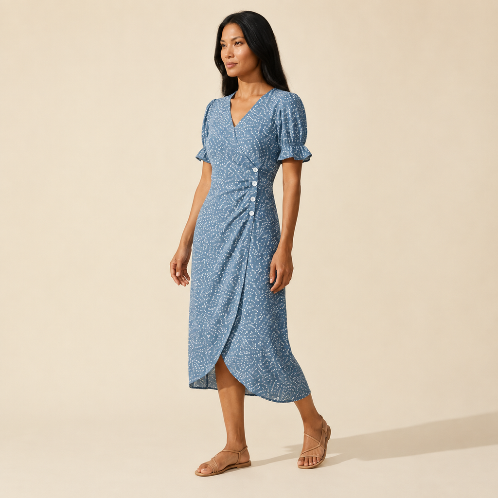 Women's Floral Midi Dress | Elegant V-Neck Summer Style — Blue
