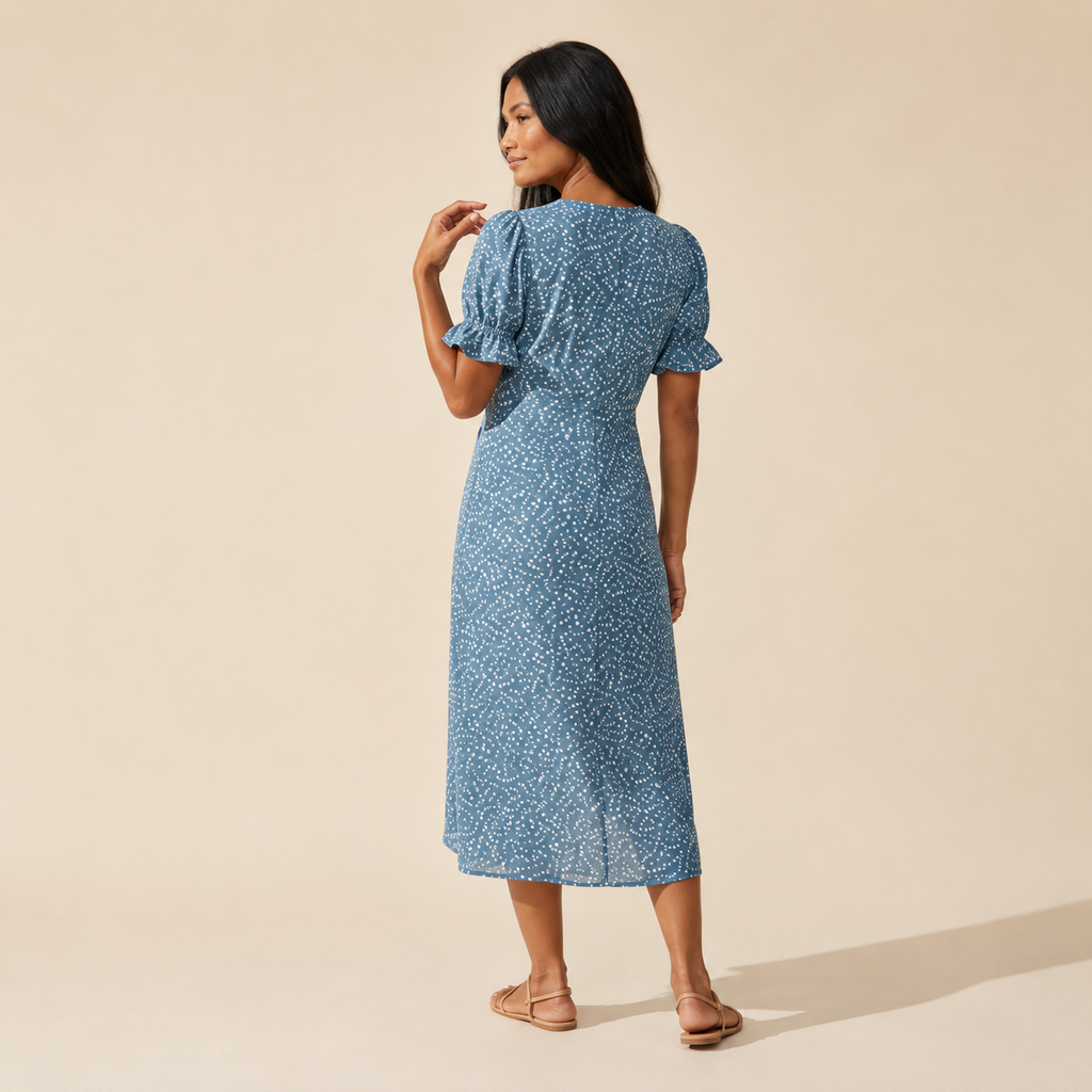 Women's Floral Midi Dress | Elegant V-Neck Summer Style — Blue